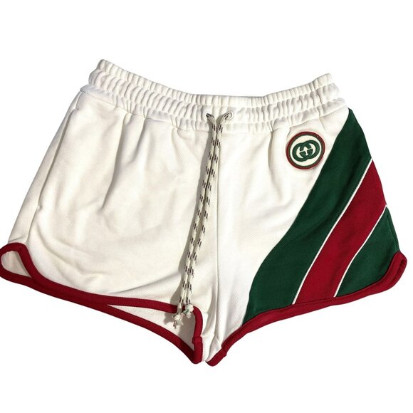 Gucci White Athletic Shorts With Green & Red Stripes Drawstring Waist Embroidere - Picture 1 of 16